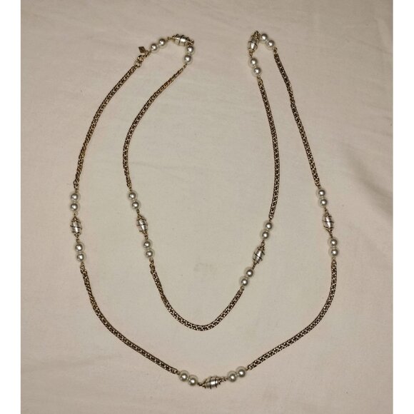 Sarah Coventry Vintage Gold Tone Chain Faux Pearl Pendant Long Necklace Jewelry - Picture 16 of 16